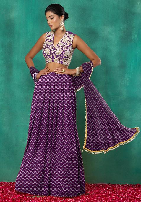 Dark Purple Lehenga Set With Floral Sequin Hand Embroidered Blouse And Dupatta