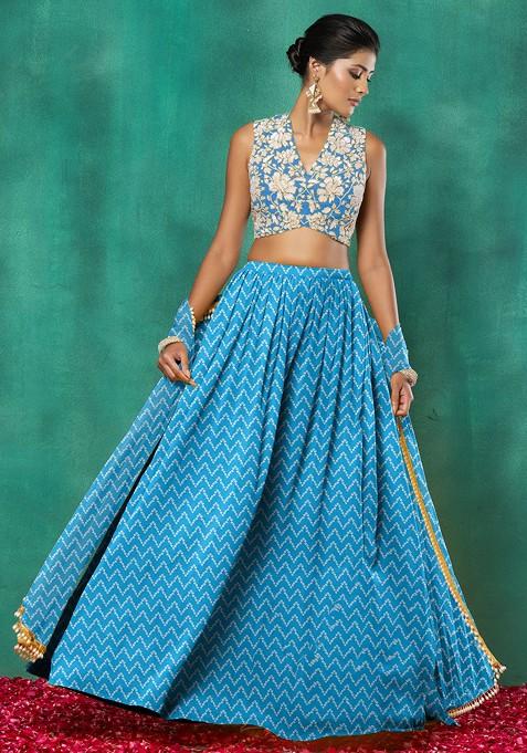 Sea Blue Lehenga Set With Floral Sequin Hand Embroidered Blouse And Dupatta