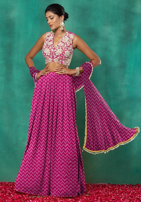 Pink Lehenga Set With Floral Sequin Hand Embroidered Blouse And Dupatta