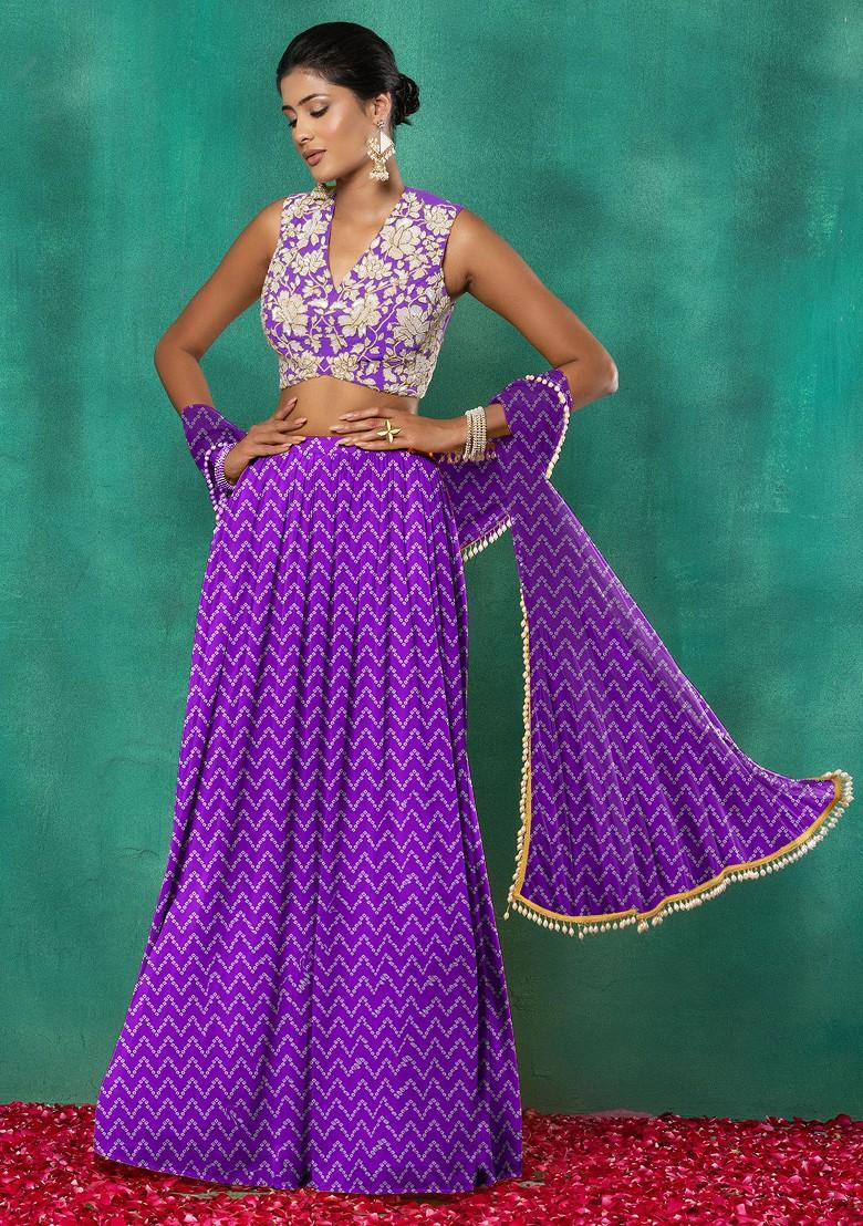 Purple Lehenga Set With Floral Sequin Hand Embroidered Blouse And Dupatta