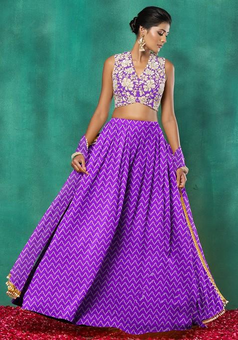 Purple Lehenga Set With Floral Sequin Hand Embroidered Blouse And Dupatta