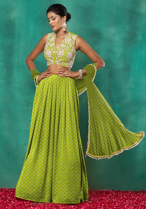 Mint Green Lehenga Set With Floral Sequin Hand Embroidered Blouse And Dupatta