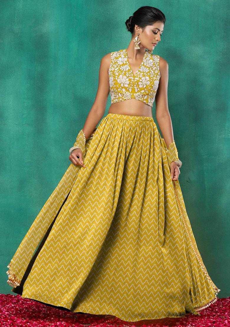 Yellow Lehenga Set With Floral Sequin Hand Embroidered Blouse And Dupatta