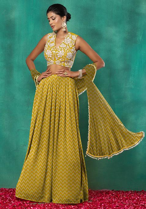 Yellow Lehenga Set With Floral Sequin Hand Embroidered Blouse And Dupatta