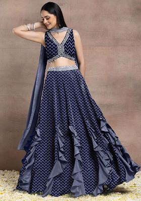 Navy Blue Ruffled Lehenga Set With Sequin Pearl Hand Embroidered Blouse And Dupatta