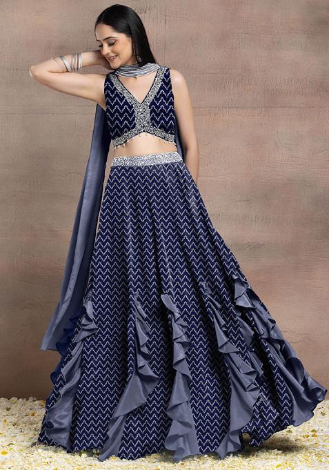 Navy Blue Ruffled Lehenga Set With Sequin Pearl Hand Embroidered Blouse And Dupatta