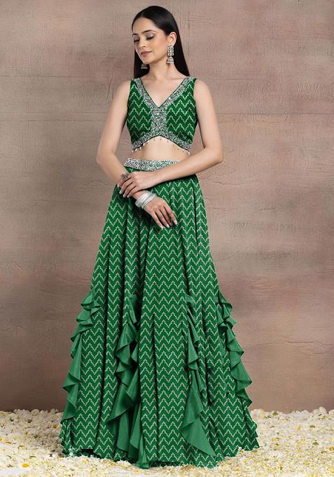 Green Ruffled Lehenga Set With Sequin Pearl Hand Embroidered Blouse And Dupatta