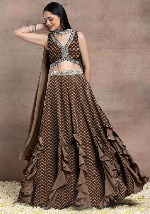 Brown Ruffled Lehenga Set With Sequin Pearl Hand Embroidered Blouse And Dupatta