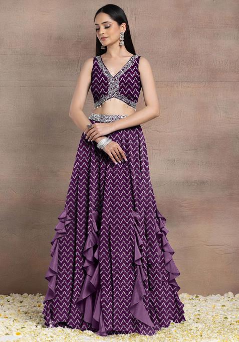 Purple Ruffled Lehenga Set With Sequin Pearl Hand Embroidered Blouse And Dupatta