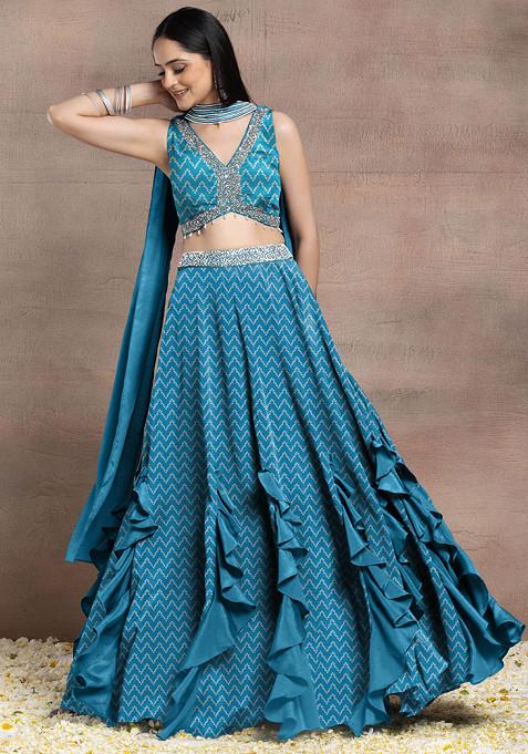 Light Blue Ruffled Lehenga Set With Sequin Pearl Hand Embroidered Blouse And Dupatta