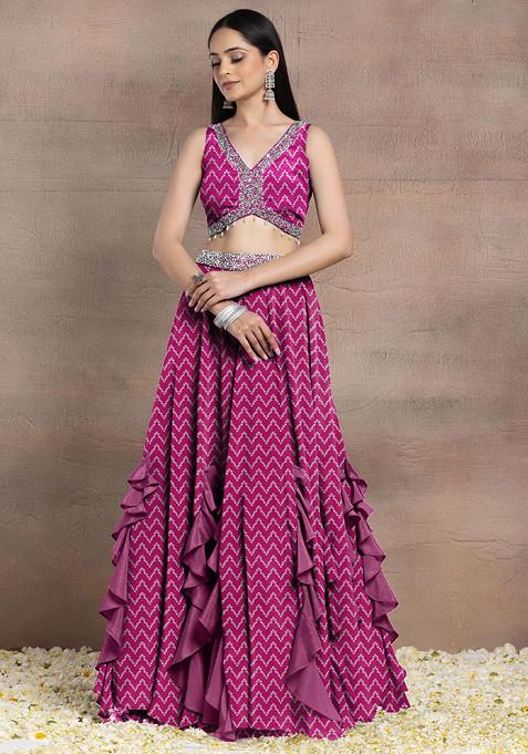 Rani Pink Ruffled Lehenga Set With Sequin Pearl Hand Embroidered Blouse And Dupatta