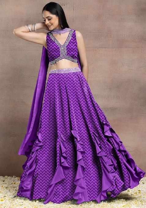 Purple Ruffled Lehenga Set With Sequin Pearl Hand Embroidered Blouse And Dupatta