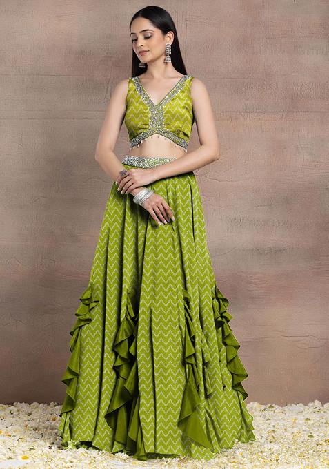 Light Green Ruffled Lehenga Set With Sequin Pearl Hand Embroidered Blouse And Dupatta