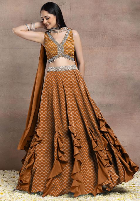 Orange Ruffled Lehenga Set With Sequin Pearl Hand Embroidered Blouse And Dupatta