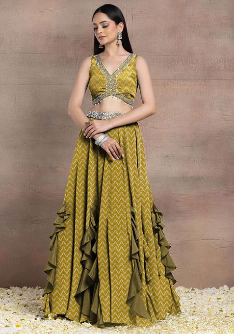 Yellow Ruffled Lehenga Set With Sequin Pearl Hand Embroidered Blouse And Dupatta