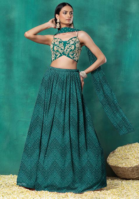 Green Lehenga Set With Floral Pearl Hand Embroidered Blouse And Choker Dupatta