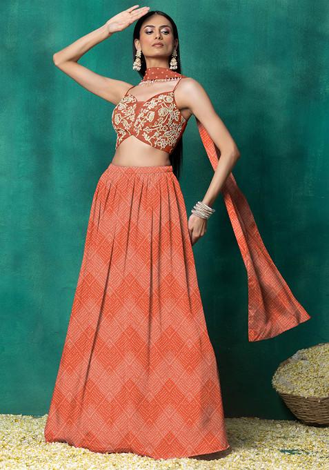 Orange Lehenga Set With Floral Pearl Hand Embroidered Blouse And Choker Dupatta