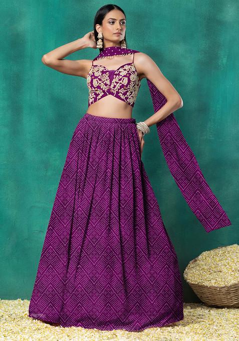 Purple Lehenga Set With Floral Pearl Hand Embroidered Blouse And Choker Dupatta