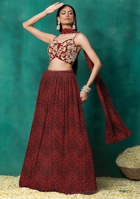 Brown Lehenga Set With Floral Pearl Hand Embroidered Blouse And Choker Dupatta