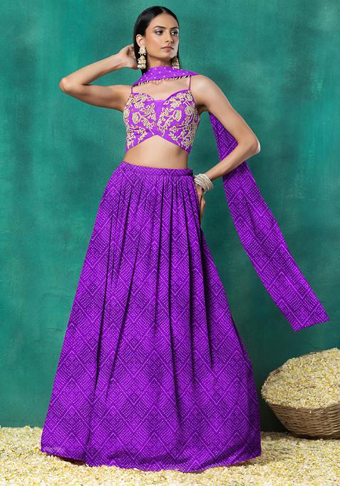 Purple Lehenga Set With Floral Pearl Hand Embroidered Blouse And Choker Dupatta