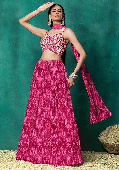 Rani Pink Lehenga Set With Floral Pearl Hand Embroidered Blouse And Choker Dupatta