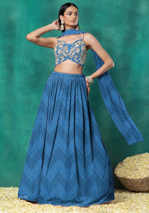 Blue Lehenga Set With Floral Pearl Hand Embroidered Blouse And Choker Dupatta