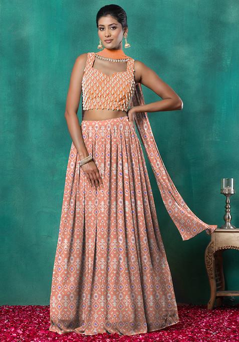 Peach Lehenga Set With Geometric Pearl Hand Embroidered Blouse And Choker Dupatta