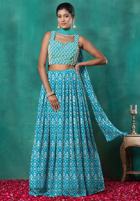 Sea Blue Lehenga Set With Geometric Pearl Hand Embroidered Blouse And Choker Dupatta