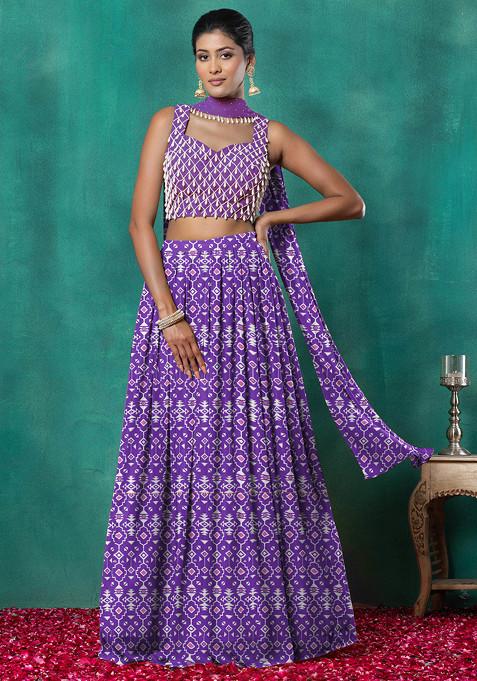 Purple Lehenga Set With Geometric Pearl Hand Embroidered Blouse And Choker Dupatta