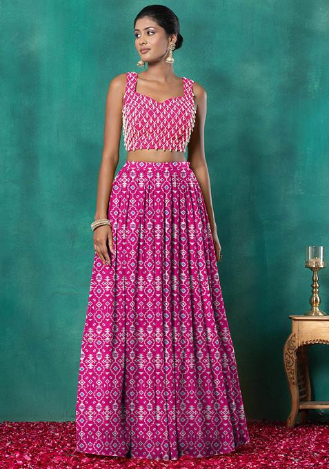 Rani Pink Lehenga Set With Geometric Pearl Hand Embroidered Blouse And Choker Dupatta