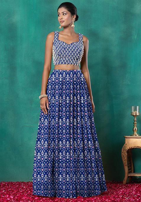 Navy Blue Lehenga Set With Geometric Pearl Hand Embroidered Blouse And Choker Dupatta