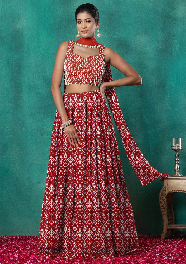 Maroon Lehenga Set With Geometric Pearl Hand Embroidered Blouse And Choker Dupatta