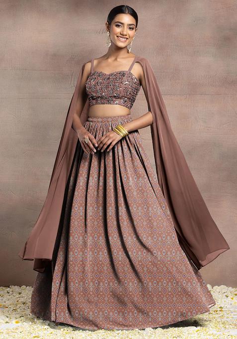 Peach Lehenga Set With Swarovski Hand Embroidered Cape Sleeve Blouse