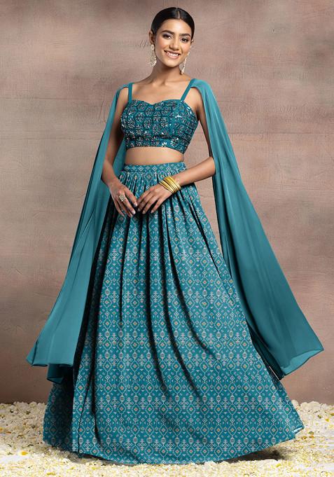 Aqua Blue Lehenga Set With Swarovski Hand Embroidered Cape Sleeve Blouse