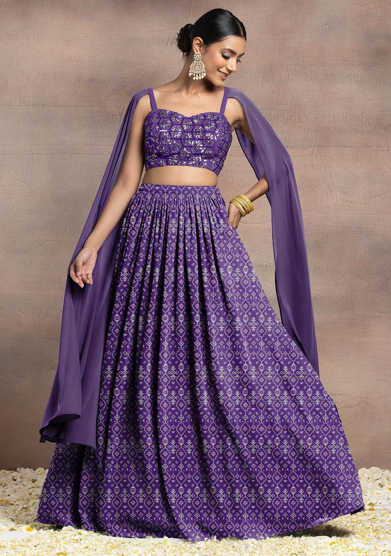 Lavender Lehenga Set With Swarovski Hand Embroidered Cape Sleeve Blouse