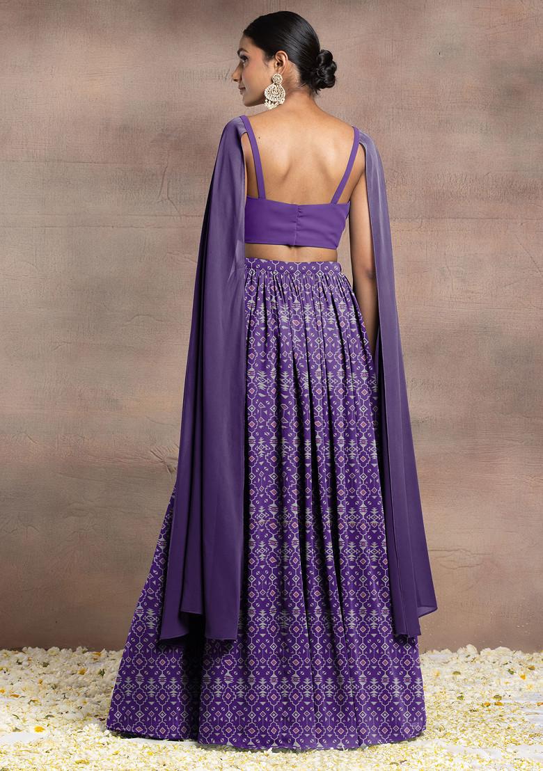 Lavender Lehenga Set With Swarovski Hand Embroidered Cape Sleeve Blouse
