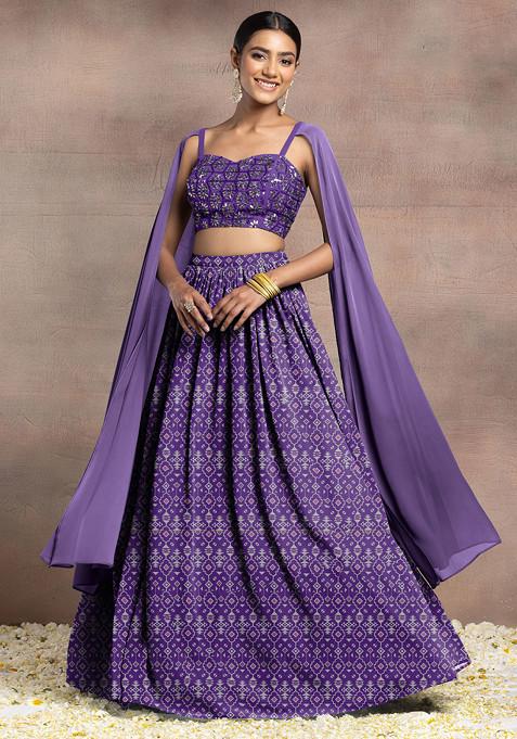 Lavender Lehenga Set With Swarovski Hand Embroidered Cape Sleeve Blouse