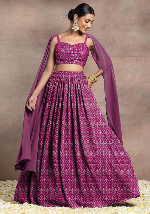 Pink Lehenga Set With Swarovski Hand Embroidered Cape Sleeve Blouse