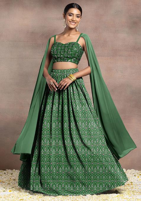 Green Lehenga Set With Swarovski Hand Embroidered Cape Sleeve Blouse