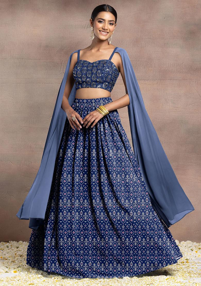 Teal Blue Lehenga Set With Swarovski Hand Embroidered Cape Sleeve Blouse