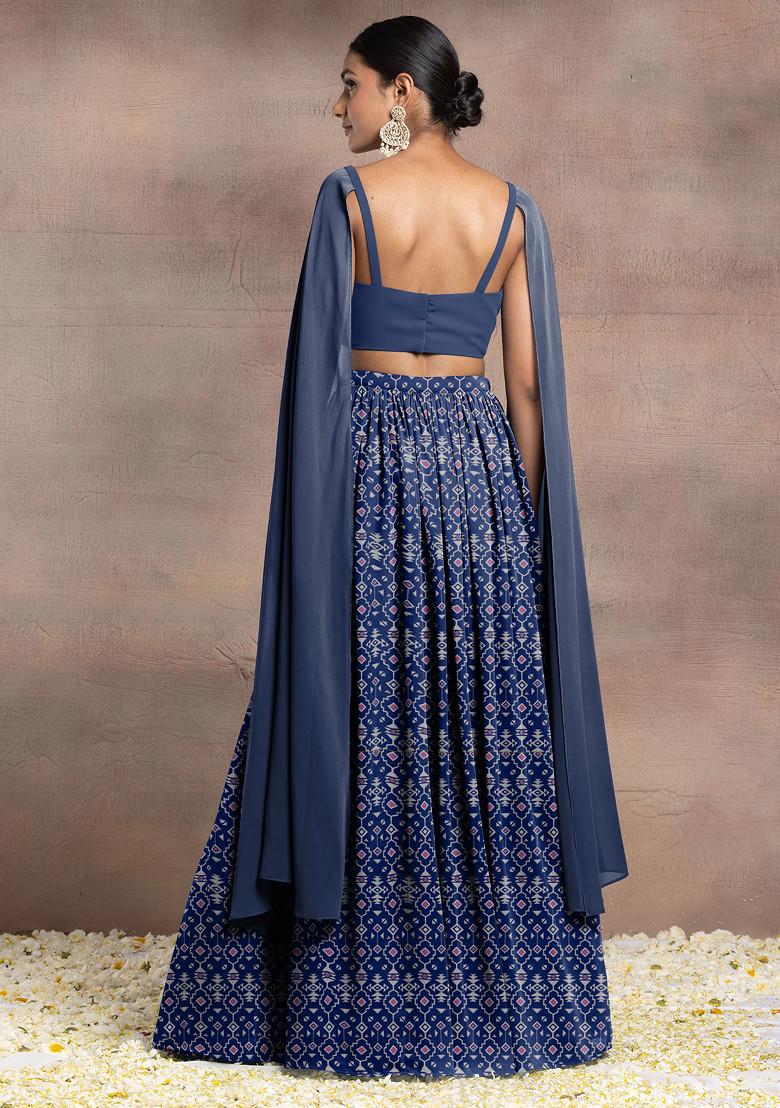 Teal Blue Lehenga Set With Swarovski Hand Embroidered Cape Sleeve Blouse