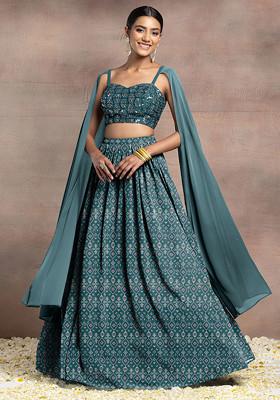 Olive Lehenga Set With Swarovski Hand Embroidered Cape Sleeve Blouse