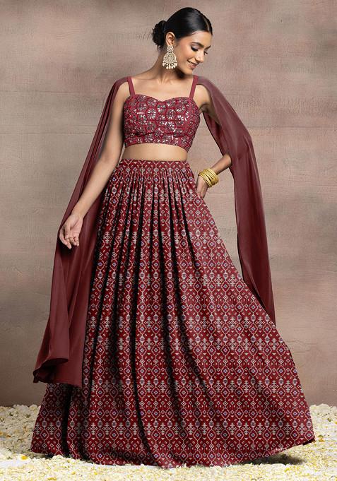 Maroon Lehenga Set With Swarovski Hand Embroidered Cape Sleeve Blouse