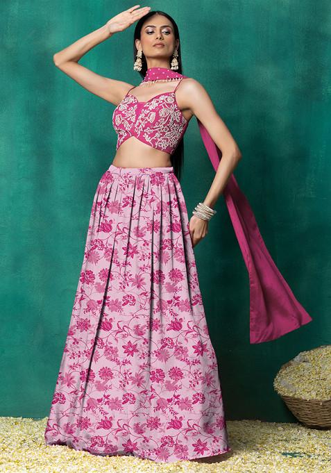 Pink Lehenga Set With Floral Pearl Hand Embroidered Blouse And Choker Dupatta