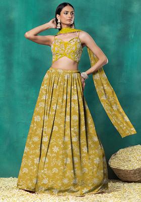 Yellow Lehenga Set With Floral Pearl Hand Embroidered Blouse And Choker Dupatta