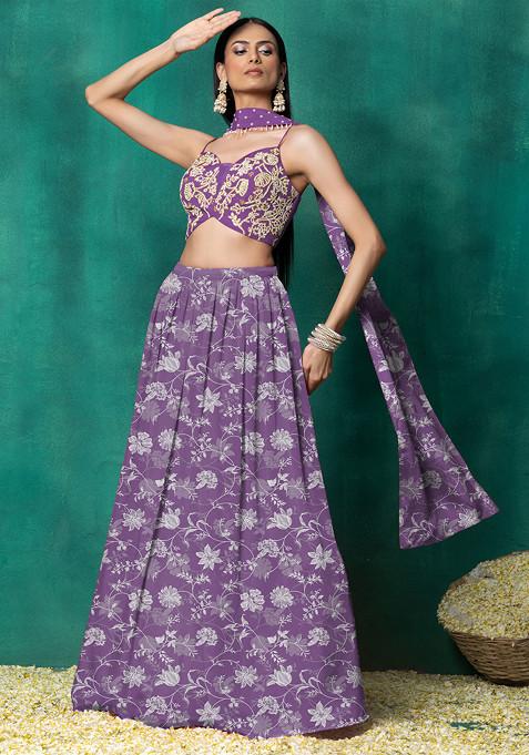 Lavender Lehenga Set With Floral Pearl Hand Embroidered Blouse And Choker Dupatta