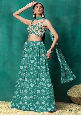 Sea Green Lehenga Set With Floral Pearl Hand Embroidered Blouse And Choker Dupatta