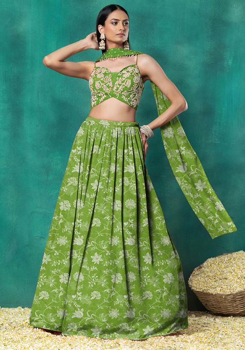 Lime Green Lehenga Set With Floral Pearl Hand Embroidered Blouse And Choker Dupatta