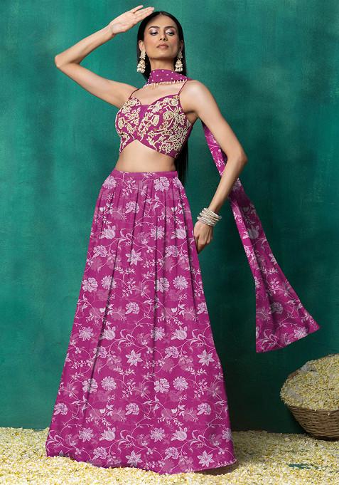 Rani Pink Lehenga Set With Floral Pearl Hand Embroidered Blouse And Choker Dupatta