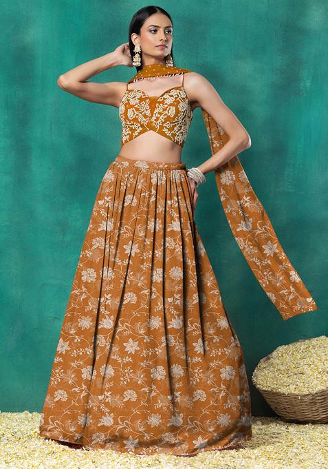 Orange Lehenga Set With Floral Pearl Hand Embroidered Blouse And Choker Dupatta